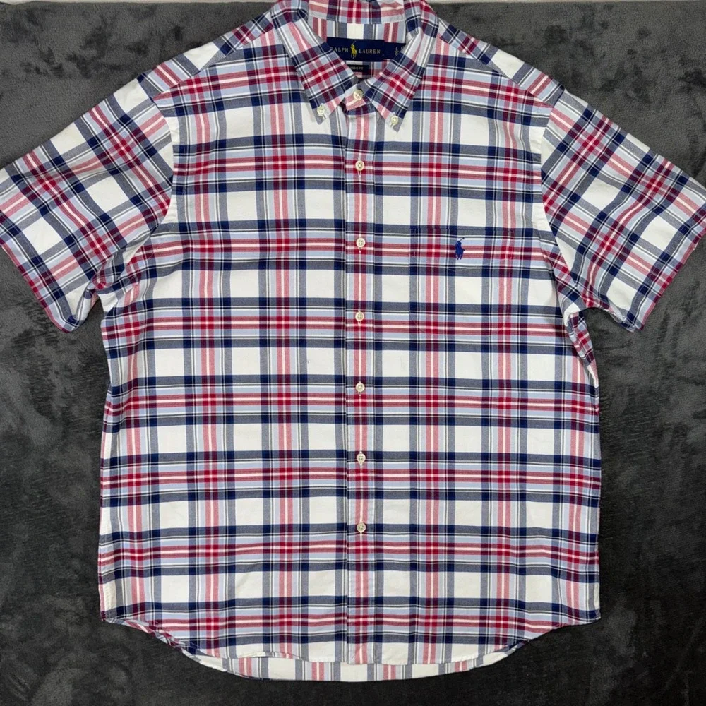 Men Large Ralph Lauren Polo  Button Down Shirt Plaid Excellent Short Sleeve
